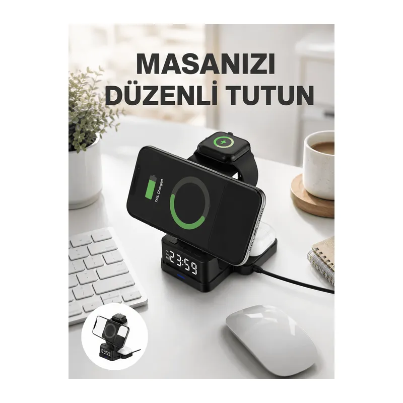 Kablosuz Şarjlı Dijital Masa Saati – 3 Parlaklık Seviyeli LED, Hızlı Şarj Yeni Nesil