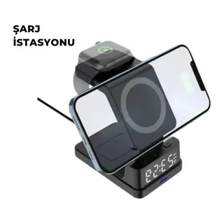 Kablosuz Şarj İstasyonu ve Dijital Saat, 3 Kademeli Işık Ayarı