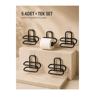 Delmeden Monte Tuvalet Kağıdı Askısı Siyah Metal Yapışkanlı Banyo Kağıtlığı 5’li Set