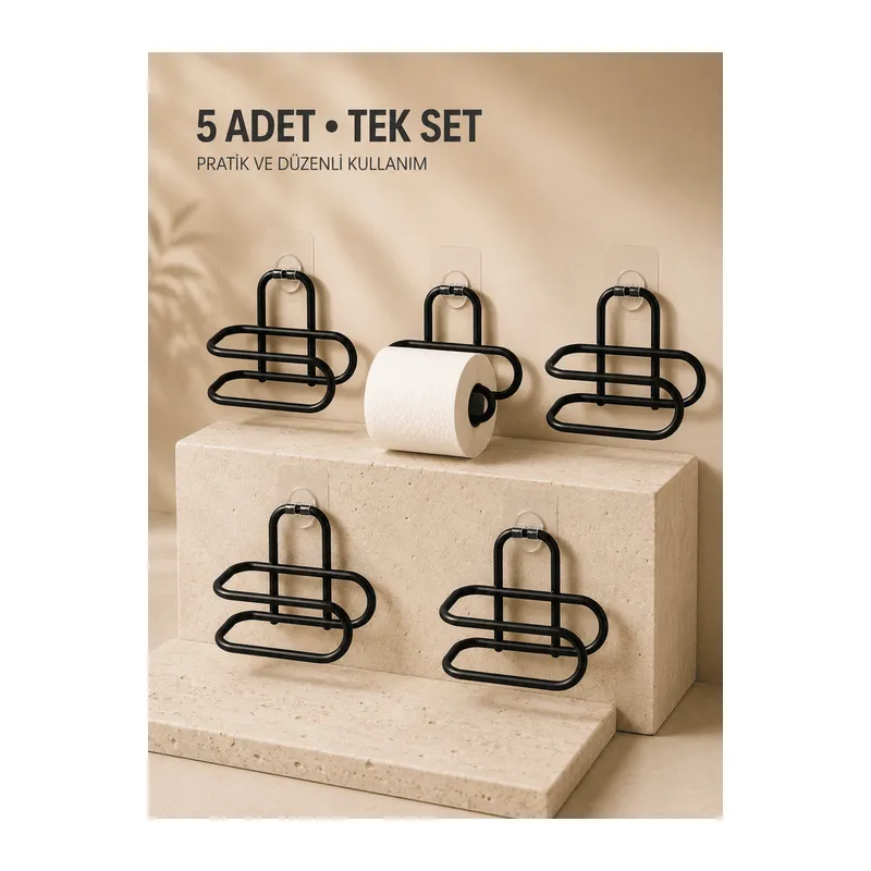 Delmeden Monte Tuvalet Kağıdı Askısı Siyah Metal Yapışkanlı Banyo Kağıtlığı 5’li Set