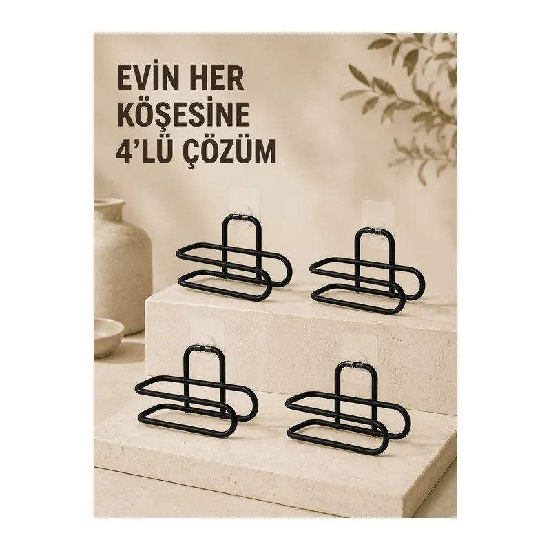 Delmeden Monte Tuvalet Kağıdı Askısı Siyah Metal Yapışkanlı Banyo Kağıtlığı 4’lü Set