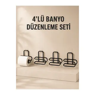 4 Adet Yapışkanlı Tuvalet Kağıdı Askısı Siyah Metal Delmeden Duvara Monte WC Kağıtlık