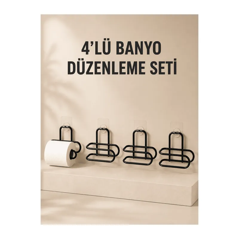 4 Adet Yapışkanlı Tuvalet Kağıdı Askısı Siyah Metal Delmeden Duvara Monte WC Kağıtlık