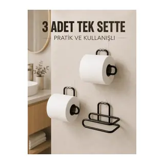 3 Adet Siyah Rulo Kağıt Tutucu Yapışkanlı Duvar Tipi Pratik Kağıtlık Seti