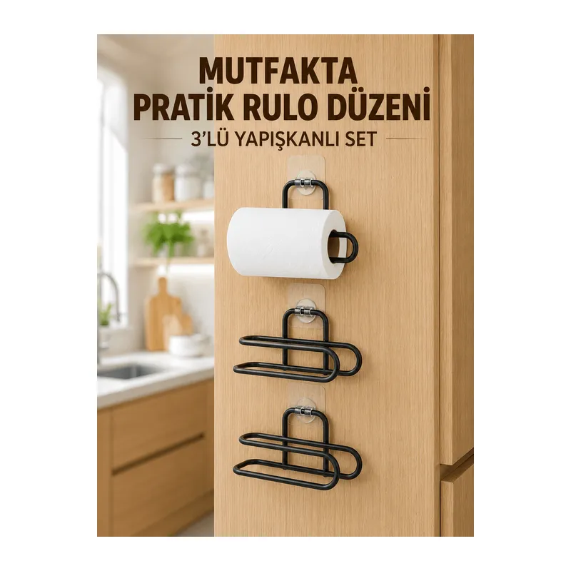 3’lü Yapışkanlı WC Kağıtlığı Siyah Rulo Tutucu Banyo ve Mutfak Kullanımı
