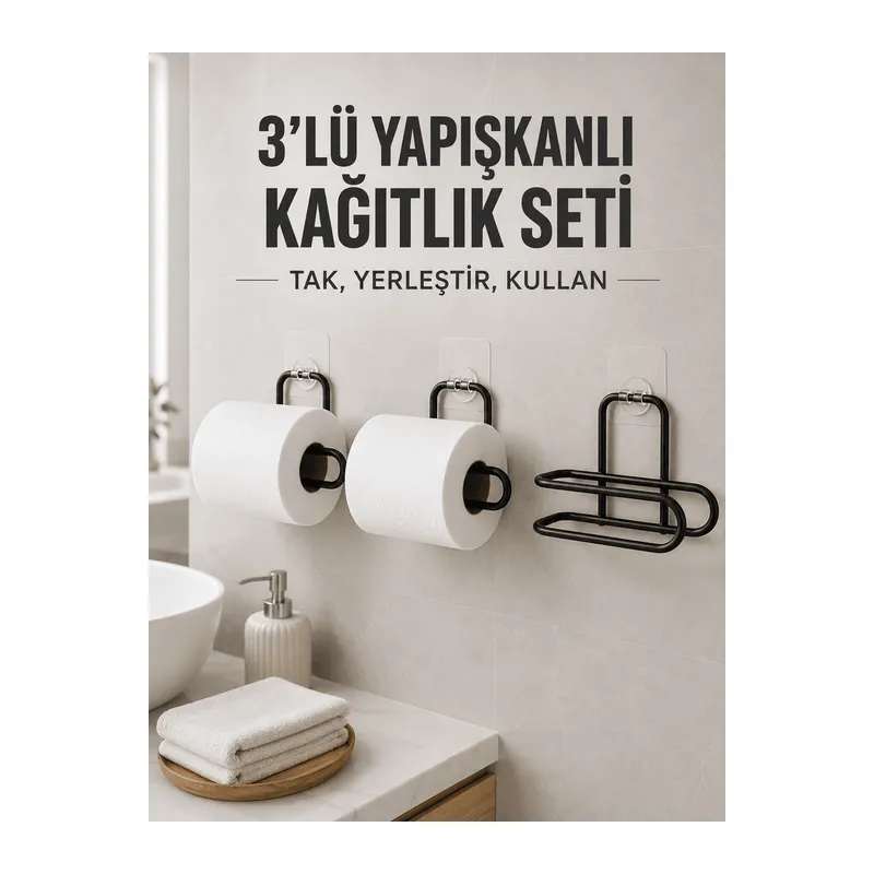 3’lü Siyah Duvar Tipi Kağıtlık Seti Yapışkanlı Pratik Rulo Tutucu