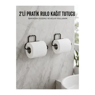 2 Adet Siyah Yapışkanlı Kağıtlık Duvar Tipi Tuvalet Kağıdı ve Rulo Tutucu
