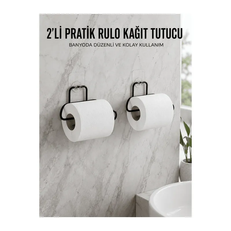 2 Adet Siyah Yapışkanlı Kağıtlık Duvar Tipi Tuvalet Kağıdı ve Rulo Tutucu