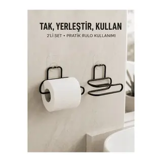 2’li Duvara Yapışkanlı Tuvalet Kağıtlığı Siyah Metal Pratik Rulo Tutucu