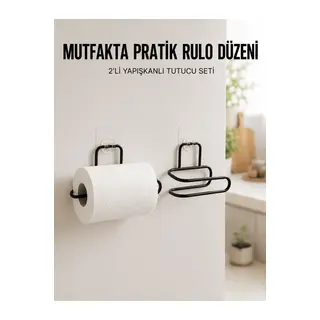 2’li Siyah Metal Rulo Kağıt Tutucu Yapışkanlı Banyo ve Mutfak Kağıtlık