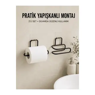 2 Adet Yapışkanlı WC Kağıtlık Siyah Metal Pratik Duvar Tipi Rulo Tutucu