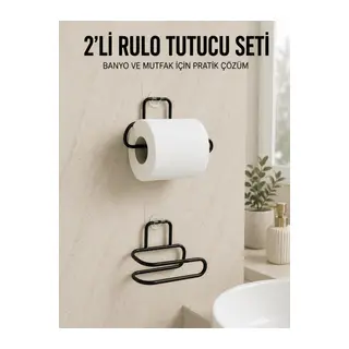 2’li Yapışkanlı Tuvalet Kağıdı Tutucu Siyah Metal Duvar Tipi Rulo Kağıtlık
