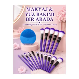 Makyaj ve Yüz Bakım Seti 12’li Mor Makyaj Fırçası Silikon Yüz Temizleme ve Cilt Bakım Cihazı