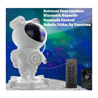 Astronot Robot Tasarım Bluetooth Hoparlörlü Gökyüzü Gece Lambası Zamanlama Kumandalı Projektör