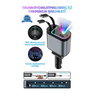 Led Işık Tavan Aydınlatmalı 66W 4’1 Çift Kablolu Hızlı Şarj 3.4A Araç İçi Çakmaklık Şarj Aleti