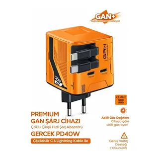 GaN+ PD 40W Hızlı Şarj Adaptörü Çoklu Çıkış USB-C Lightning Kablolu Hızlı Şarj Cihazı Ev Ofis Uyumlu Turuncu