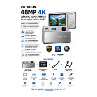 Dijital Kamera 4K HD 48MP 8X Zoom Flaşlı Kayar Retro Video Kamera 2.4’’ Ekran 64GB SD Kart Hediyeli Gümüş