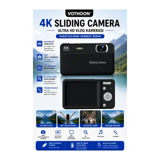 Dijital Kamera 4K HD 48MP 8X Zoom Flaşlı Kayar Retro Video Kamera 2.4’’ Ekran 64GB SD Kart Hediyeli Siyah