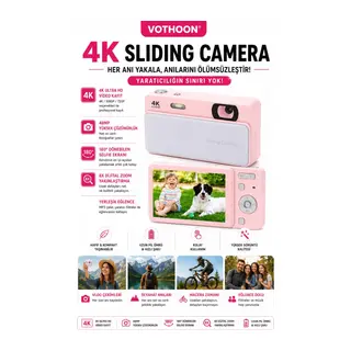 Dijital Kamera 4K HD 48MP 8X Zoom Flaşlı Kayar Retro Video Kamera 2.4’’ Ekran 64GB SD Kart Hediyeli Pembe
