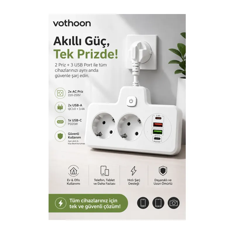 Bkl-502 Akım Korumalı 2Li Priz 2 USB ve 2 Type-C Çıkış 4000W Hızlı Şarj Duvar Tipi Dokunmatik Led Aydınlatmalı