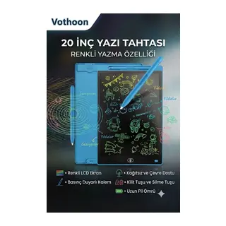 20 Inc Renkli Lcd Grafik Dijital Kalemli Çizim Tableti Yazı Tahta Not Yazma Eğitim Tableti Mavi