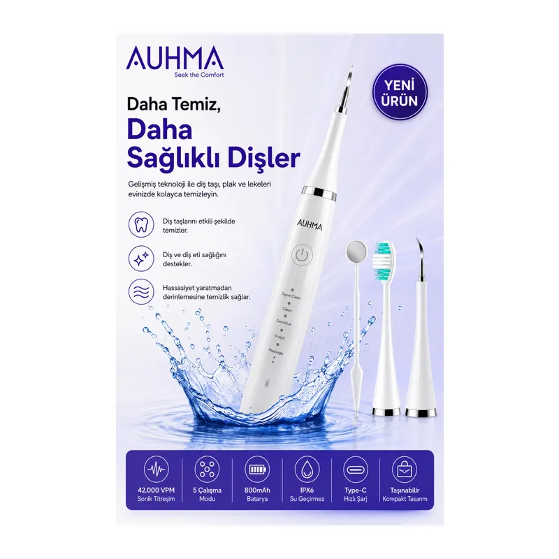 Ultrasonic Şarjlı Elektrikli Akıllı Diş Temizleme Cihazı Beyazlatıcı 5 Mod 3+1 Başlık, IPX8 Su Geçirmez Beyaz