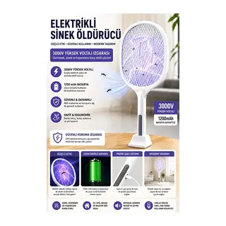 Şarjlı Sinek Öldürücü Sivrisinek Raketi Elektrikli Karasinek Haşere Kovucu Mor Işıklı Sineklik Aleti