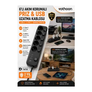 Akım Korumalı 5’li Priz 2xUSB 2xType-C Çıkış Akım Koruma Çoklu Priz Çoğaltıcı Anahtarlı FTR-31 Siyah
