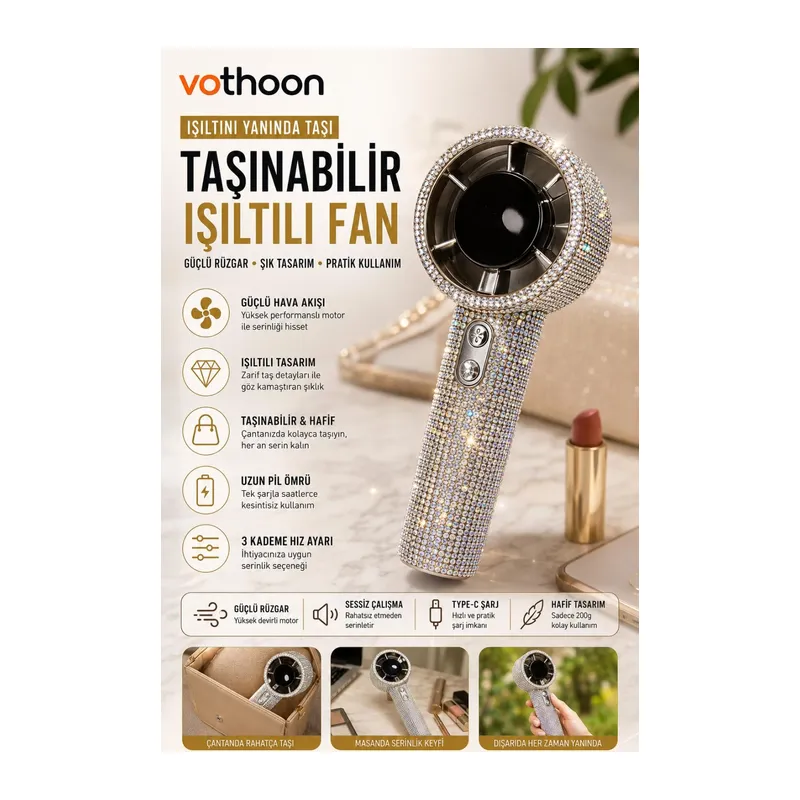Taşınabilir Fan Kristal Yapay Elmas El Vantilatörü Mini Kişisel El Tipi Fan Işıltılı Soğutma Küçük Fan