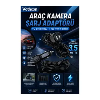 Araç Kamera Şarj Adaptörü 2 Usb’li Type-c Girişli 3.5 Metre Kablo Uzunluğu(Ürün Kamera Değildir)