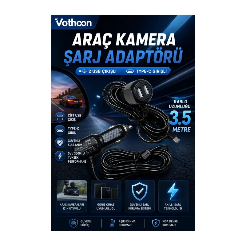 Araç Kamera Şarj Adaptörü 2 Usb’li Type-c Girişli 3.5 Metre Kablo Uzunluğu(Ürün Kamera Değildir)