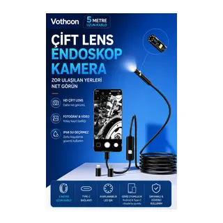 5 Metre Çift Kameralı iOS/Android Uyumlu Yılan Endoskop Kamera 8mm 2MP LED’li Sert Kablo
