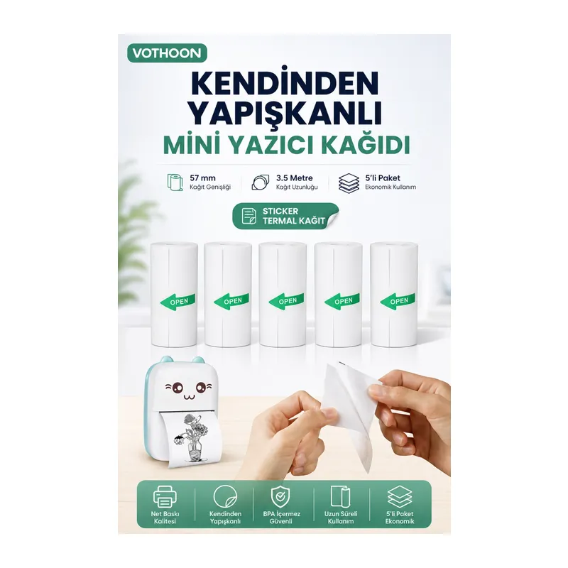 Kendinden Yapışkanlı Çocuk Kamera Baskı Kağıdı, 5’li Rulo 57X25MM Baskı Termal Kağıt Rulo
