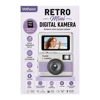 Retro Mini Dijital Kamera 1080P 1.47 İnç Flip Ekranlı Flaşlı Selfie Vlog Kamerası 4GB SD Hediyeli Mor