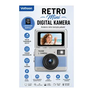Retro Mini Dijital Kamera 1080P 1.47 İnç Flip Ekranlı Flaşlı Selfie Vlog Kamerası 4GB SD Hediyeli Mavi