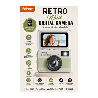 Retro Mini Dijital Kamera 1080P 1.47 İnç Flip Ekranlı Flaşlı Selfie Vlog Kamerası 4GB SD Hediyeli Yeşil