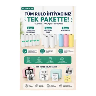 13’lü Mini Yazıcı Termal Rulo Seti Çocuk Kamera Baskı Kağıdı 5 Yapışkanlı 5 Düz Beyaz 3 Renkli