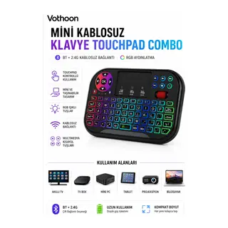 RGB Işıklı Mini Kablosuz Klavye Touchpad Combo, Bluetooth ve 2.4G Smart TV Kumandası