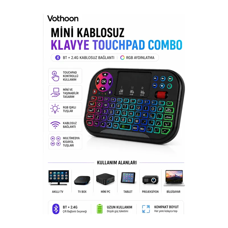 RGB Işıklı Mini Kablosuz Klavye Touchpad Combo, Bluetooth ve 2.4G Smart TV Kumandası