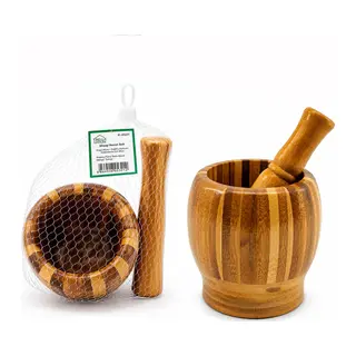 Ahşap Bambu - Çizgili Havan Sarımsak Dövecek Ç: 8CM-D: 7CM-Y:10.5CM Fileli Ambalaj