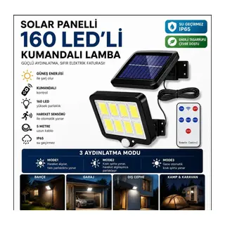 160 LED Solar Bahçe Aydınlatması, 6'lı Güneş Panelli LED Lamba, 5 Metre Kablolu ve Kumandalı