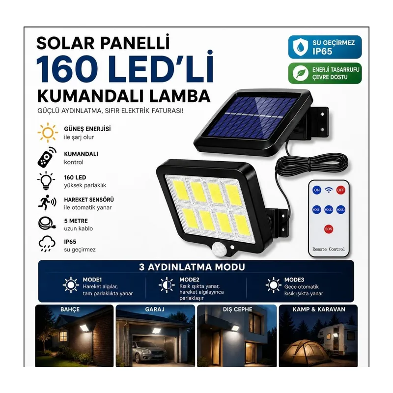 160 LED Solar Bahçe Aydınlatması, 6'lı Güneş Panelli LED Lamba, 5 Metre Kablolu ve Kumandalı