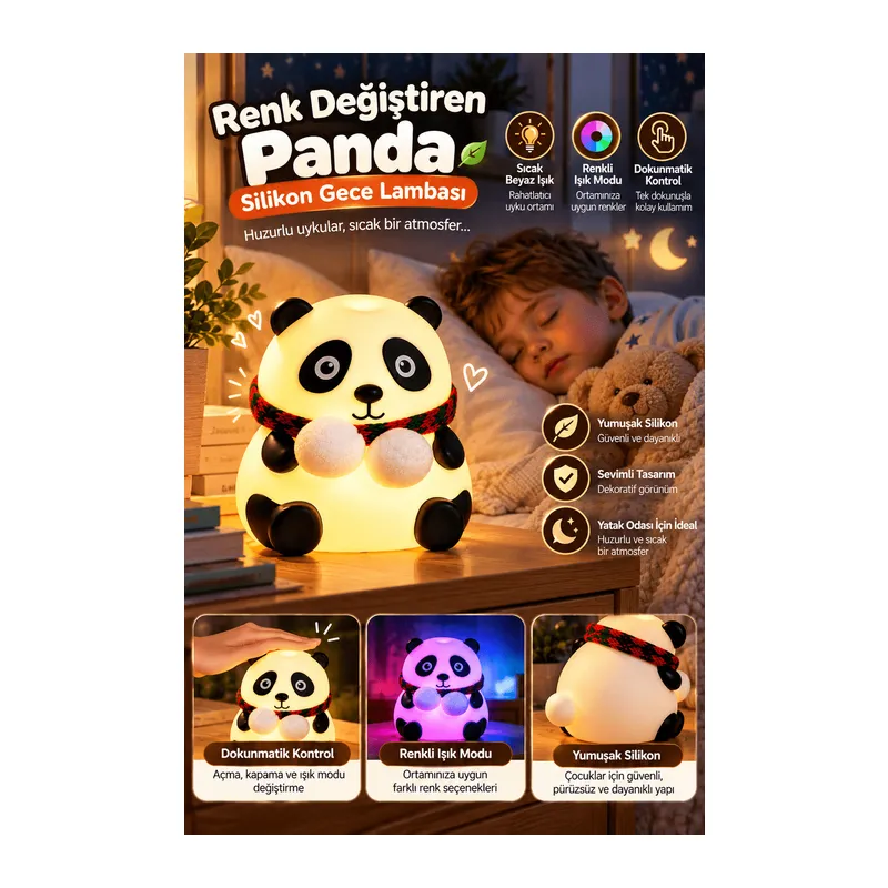 Renkli Işık Modlu Silikon Panda Gece Lambası Dokunmatik Kontrollü Sevimli Dekoratif