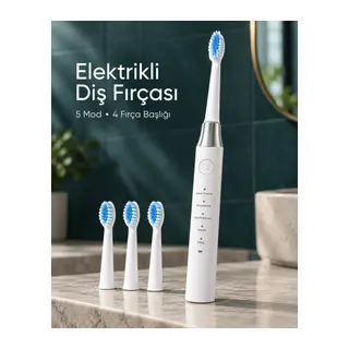 Değiştirilebilir Başlıklı Beyaz Elektrikli Diş Fırçası 5 Mod ve 3 Yedek Başlık