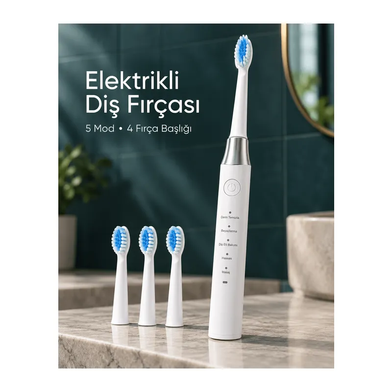 Değiştirilebilir Başlıklı Beyaz Elektrikli Diş Fırçası 5 Mod ve 3 Yedek Başlık