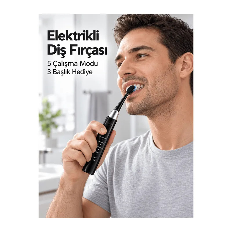 5 Çalışma Modlu Siyah Elektrikli Diş Fırçası 3 Yedek Başlık Hediyeli