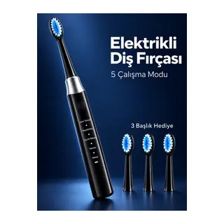 3 Yedek Başlık Hediyeli USB Şarjlı Siyah Elektrikli Diş Fırçası