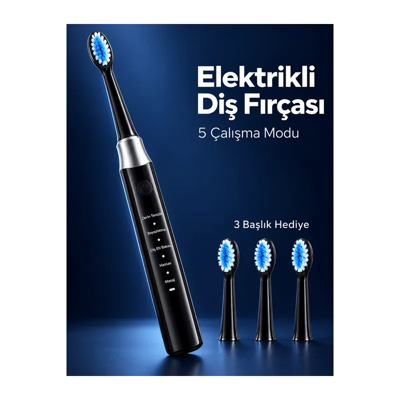 3 Yedek Başlık Hediyeli USB Şarjlı Siyah Elektrikli Diş Fırçası