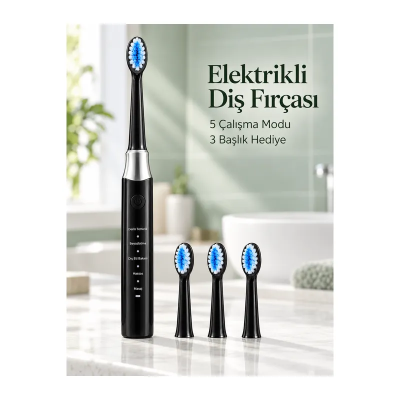Günlük Ağız Bakımı İçin Şarj Edilebilir 5 Modlu Siyah Elektrikli Diş Fırçası