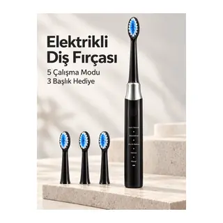 Hassas ve Masaj Modlu Siyah Elektrikli Diş Fırçası USB Şarjlı 3 Başlık Hediyeli